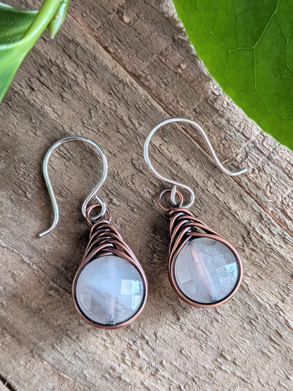 Handcrafted Copper Wire Wrapped Rose Quartz Drop Earrings